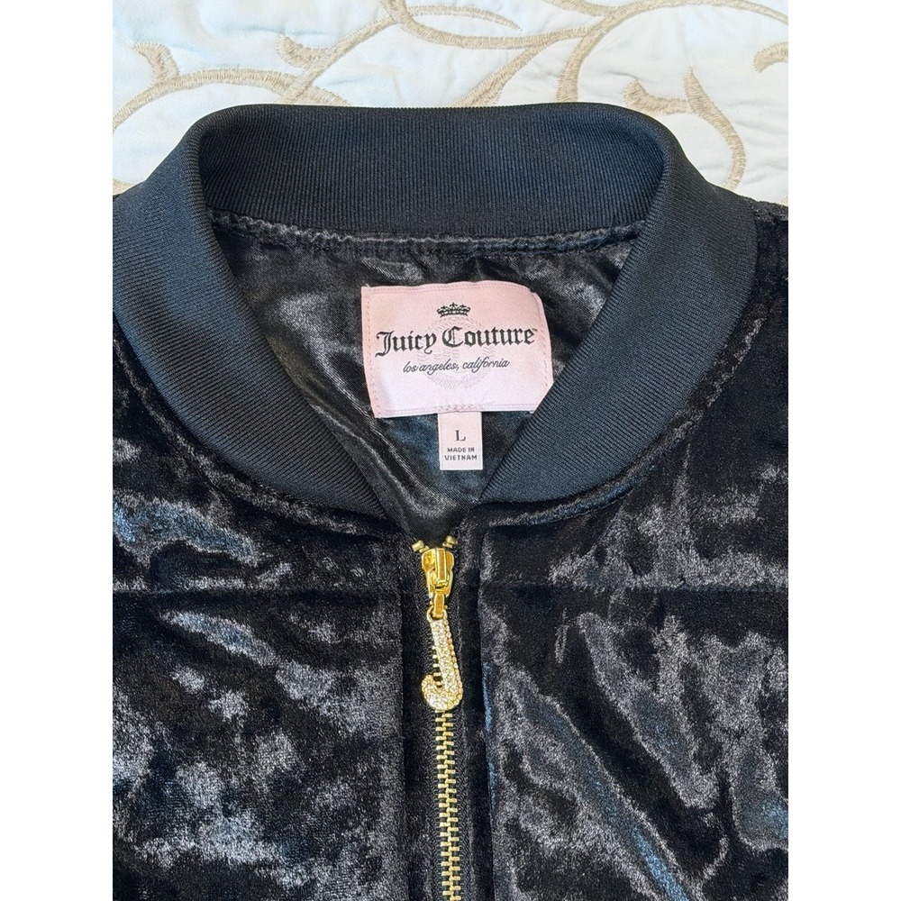 Juicy Couture Black Velvet Bomber Jacket Women's Large L Gold Zip Puffer Style